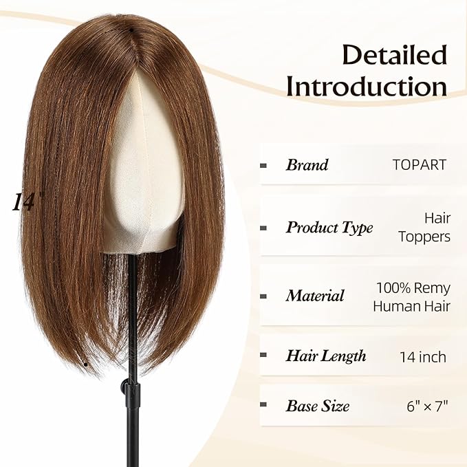 Large MONO Top Hair Toppers for Women Remy Human Hair 14 Inch 6"x7" Big Base Partial wig Cover Thinning Hair or Loss No Bangs Natural Wiglets(Dark Brown)
