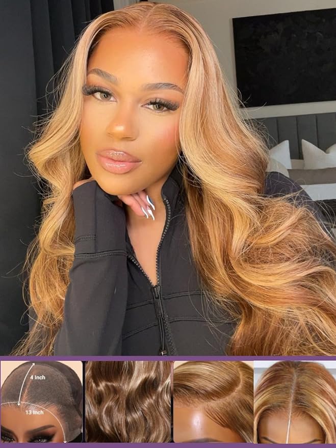 YIROO Pre Everything Wig Honey Blonde 13X4 Pre Cut Lace Front Glueless Human Hair Wigs Body Wave Brown Blonde Highlight Ombre Pre Bleached Invisible Bye Bye Knots Wig Pre Plucked 150% Density 18Inch