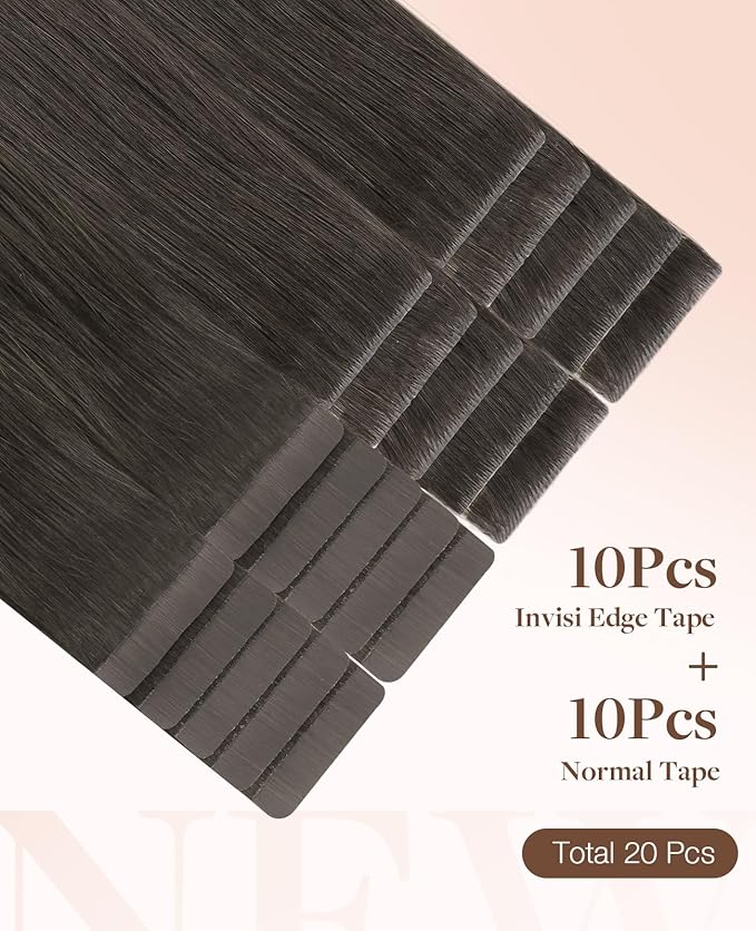 GOO GOO Invisi Edge Tape in Hair Extensions Human Hair, 1C Mocha Brown 10pcs injected with 10pcs classical tape ins, 10inch 30g, Virgin Remy Hair, Natural Look