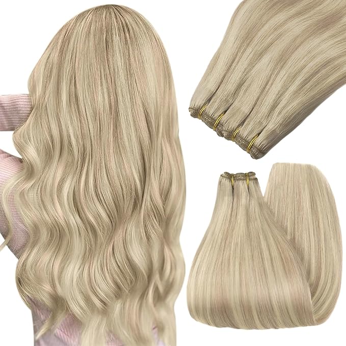 YoungSee Weft Hair Extensions Human Hair Blonde Highlight Human Hair Weft Extensions Warm Ash Blonde Highlights Bleach Blond Soft and Smooth Sew in Bundles Remy Hair 16Inch 100G