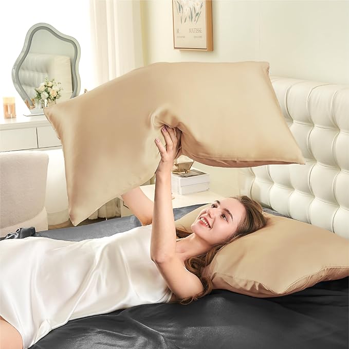 INFIIXSO Mulberry Silk Pillowcase for Hair and Skin, Silk Pillow Cases Queen Size with Hidden Zipper 20x30 Inches, Super Smooth and Soft Cooling Pillow Cases for Hot Sleepers(Champagne, 1 Pack)
