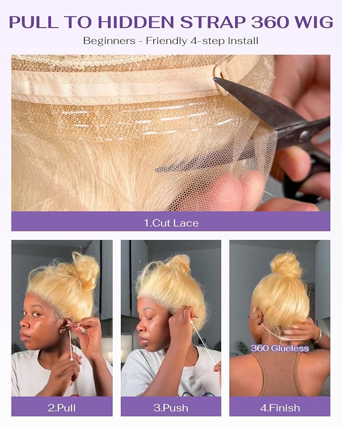 Hidden Strap Body Wave 360 613 Lace Front Wig Human Hair Glueless Wigs Human hair Pre Plucked Pre Bleached 180% Density Blonde Wig With Drawstring HD Full Lace Human Hair Wigs 28Inch
