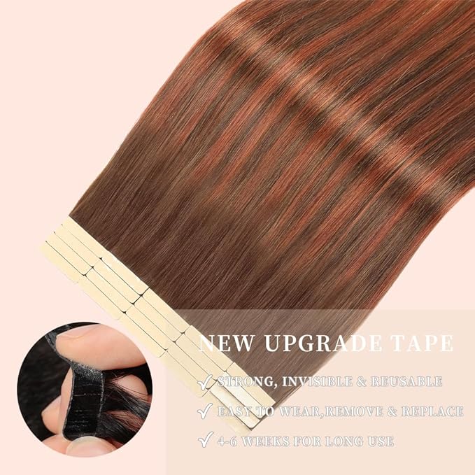 Tape in Hair Extensions Real Human Hair 24 Inch Chocolate Brown to Auburn Brown Double Sided Tape for Skin Weft Hair Extension Invisible Tape in Hair Extensions Human Hair 20pcs (#4/33/4,24 Inch)