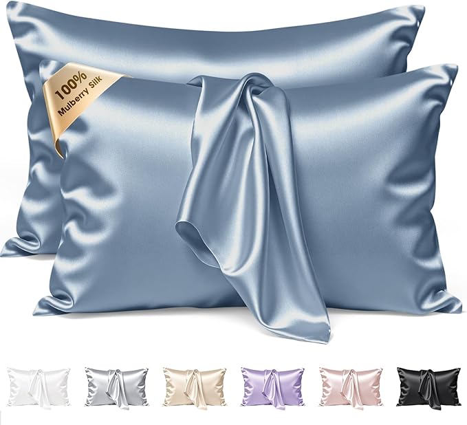 Silk Pillow Cases 2 Pack King Size Mulberry Silk Pillowcase Set of 2 for Hair & Skin 36 x 20 Inches 22 Momme Both Sided Grade 6A Silk Soft Breathable Cooling with Hidden Zipper, Grey Blue