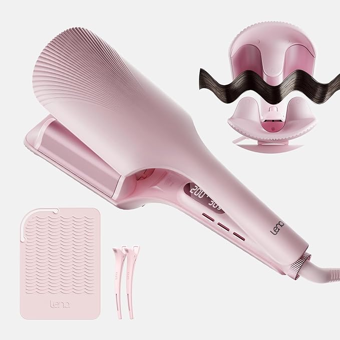 Hair Waver LENA S16 Beach Waves Curling Iron, Hair Tool for Women with 3 Titanium Ceramic Barrels, Anti-Scald Protection, Smart Timer & Adjustable Temps, Dual Voltage, 1.25 Inch, Pink