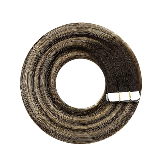 YoungSee Human Hair Tape in Extensions Dark Brown Tape in Hair Extensions Human Hair Balayage Tapes ins Human Hair Extension Dark Brown Ombre Ash Blonde Tape-in Hair Silky Straight 20 Inch 20pcs 50g