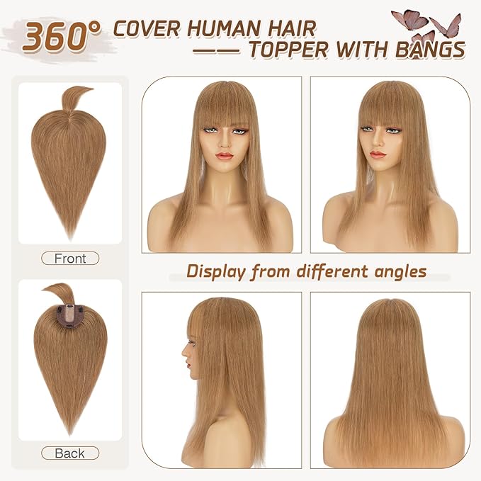 Rich Choices Real Human Hair Toppers for Women With Bang 100% Remy Human Hair Topper for Thinning Hair Clip in Silk Base Hair Topper 10 Inch #6 Light Brown