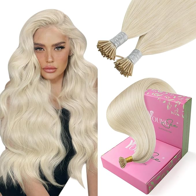 YoungSee I Tip Hair Extensions Blonde I Tips Hair Extensions Real Human Hair Platinum Blonde 22 Inch 50g I-Tips Hair Extention Natural Look 50s Cold Fusion Hair Extension