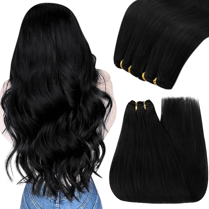 YoungSee Human Hair Weft Extensions Black Sew in Hair Extensions Real Human Hair Jet Black Natural Hair Extensions Weft for Women 16Inch 100G