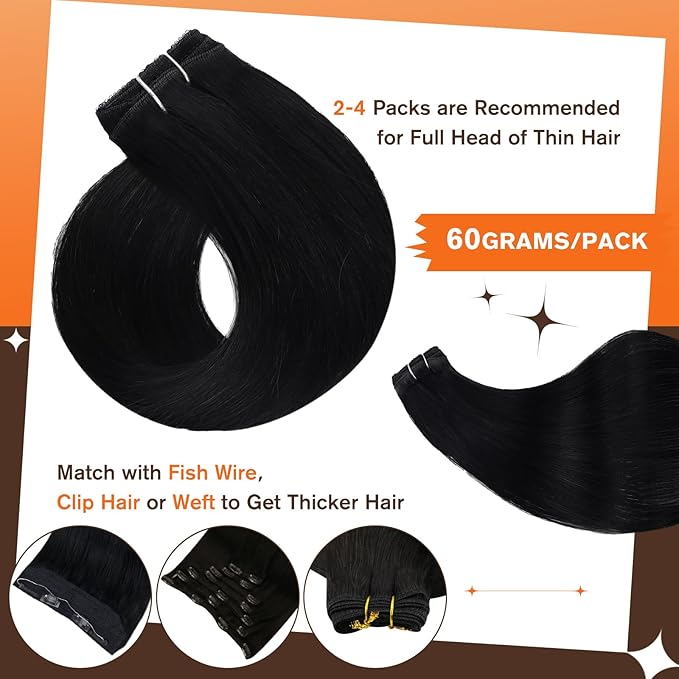 Full Shine Clip in Human Hair Extensions 12 inch 60g 3Pcs Hair Extension Clip ins Jet Black Remy Hair Clip ins for Women Soft Weft Ease of Use