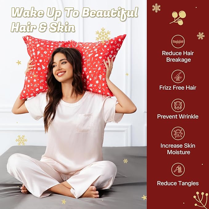THXSILK Christmas Style 6A+ Grade Mulberry Silk Pillowcase for Hair and Skin, 22 Momme 100% Pure Silk Pillow Case with Hidden Zipper, Christmas Holly Printed Pillow Cover, Red， Standard