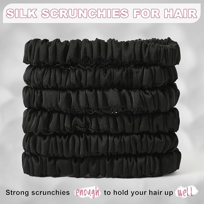 6PCS 100% Mulberry Silk Scrunchies Small Black Silk Hair Ties No Damage Satin Hair Scrunchies for Women Girls Simple Versatile High Elasticity DEMAZALO