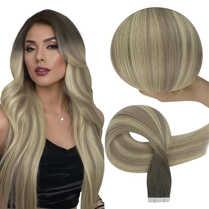 Full Shine Insert Tape in Hair Extensions Human Hair Color 4/7/80 Brown And Blonde Virgin Tape in Extensions Real Human Hair 24 Inch Remy Skin Weft 10Pcs 25 Grams No Knots for Wedding