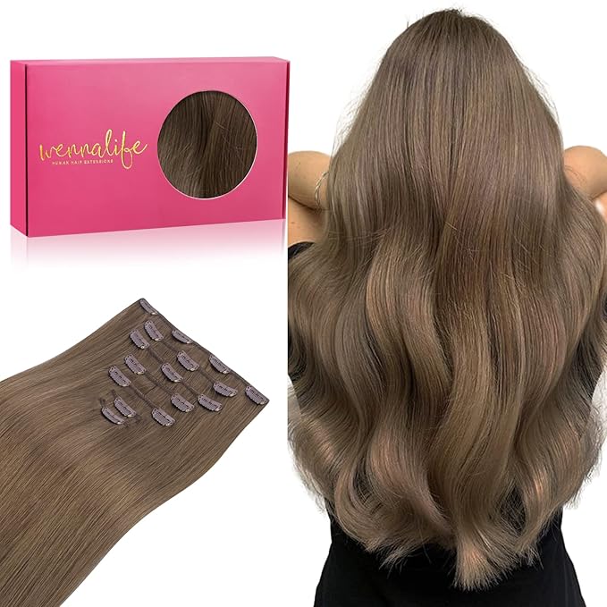 WENNALIFE Clip in Hair Extensions Real Human Hair, 24 Inch 120g 7pcs Human Hair Extensions Clip In Human Hair, Light Ash Brown Hair Extensions Clip In Real Hair Coloured Remy Human Hair Extensions