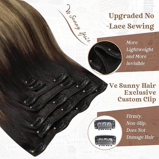 Ve Sunny Clip in Hair Extensions Black Ombre Hair Extensions Clip ins Black Balayage Brown with Caramel Blonde Human Hair Clip in Extensions for Women 14Inch 100g