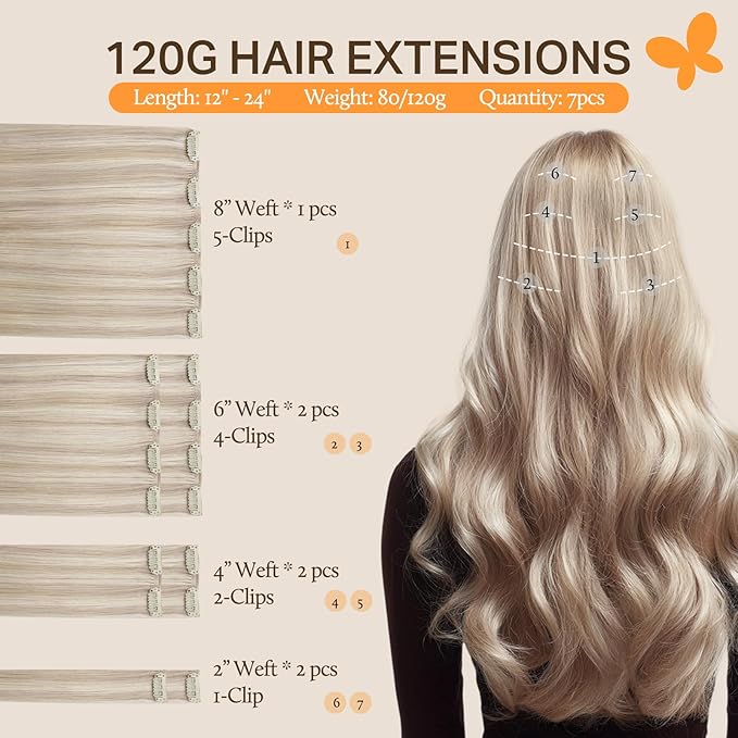 DOORES Human Hair Extensions, Soft Honey Blonde Highlight Platinum Blonde 20 Inch 120g 7pcs, Clip in Hair Extensions Natural Thick Weft for Women Straight Weft Gift