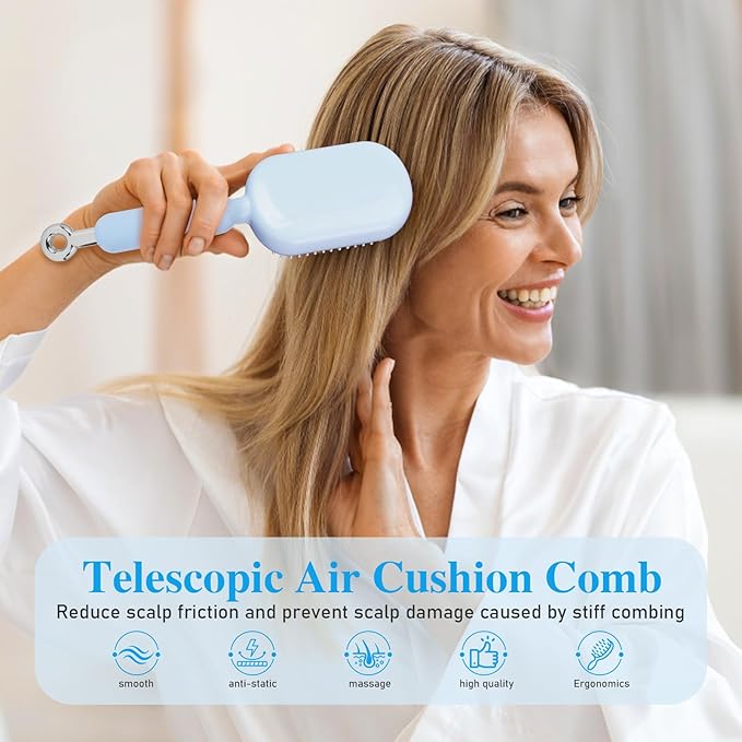 Retractable Cushion Massage Comb Brush，Retractable Hair Brush，Anti Static Self Cleaning Hair Brush For Women And Men, Anti Static Pull Ring Air Cushion Massage Brush (Blue)