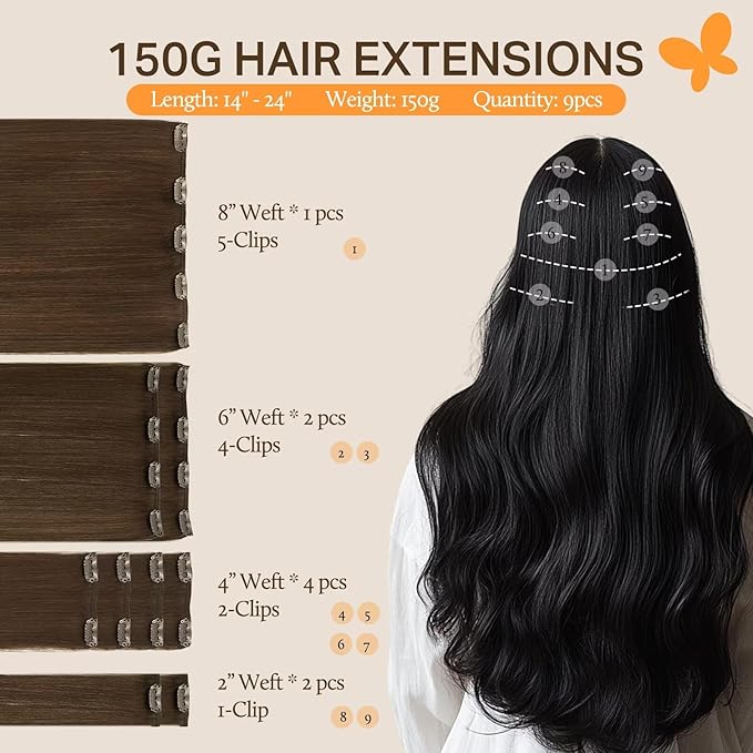 DOORES Hair Extensions Real Human Hair, Chocolate Brown 150g 9pcs 24 Inch, Hair Extensions Clip in Remy Hair Extensions Clip in Human Hair Natural Hair Extensions Straight Thick Hair Extensions