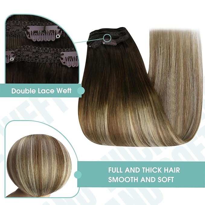 YoungSee Balayage Clip in Hair Extensions Real Human Hair Chocolate Brown Roots to Medium Brown with Blonde Ombre Clip in Extensions Human Hair Clip ins for Women 14inch 120g