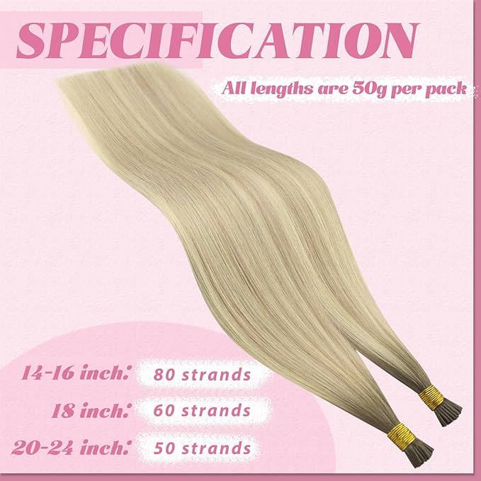 YoungSee I Tip Hair Extensions Human Hair Ombre I Tip Human Hair Extensions Blonde Balayage Platinum Blonde Itip Hair Extension 24 Inch 50g 50s Soft and Lightweight Hair for Long Hair