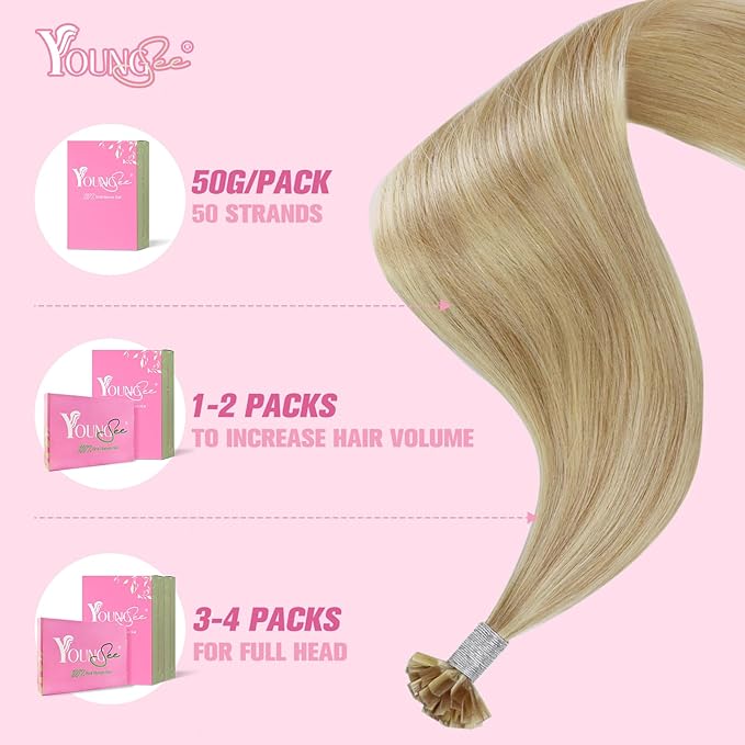 YoungSee K Tip Hair Extensions Human Hair Blonde Highlight Ktip Human Hair Extensions Golden Blonde Highlight 14inch 50s/50g