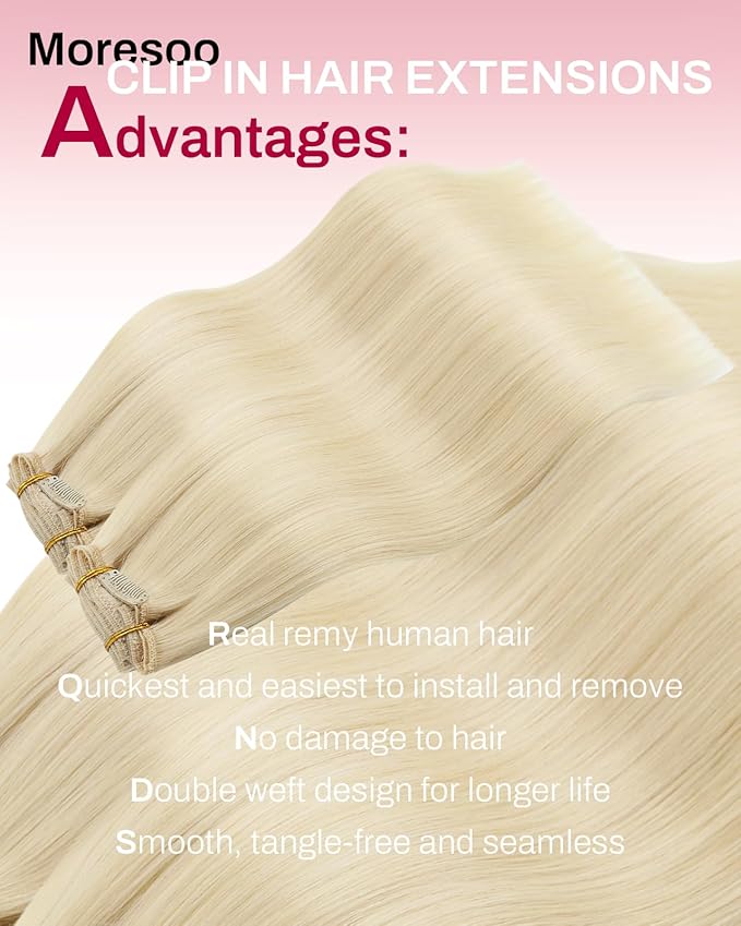 Moresoo Blonde Hair Extensions Clip in Human Hair 10 inch Double Weft Clip in Hair Extensions Real Human Hair Platinum Blonde Clip in Human Hair Extensions for Women #60 5Pcs/70G