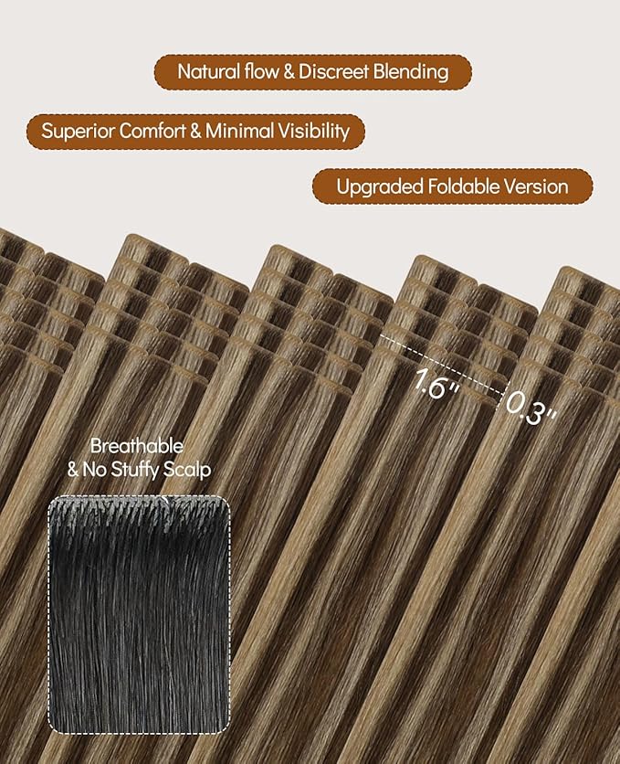VINBAO Invisi Edge Tape in Extensions Human Hair, 55g 20in 20pcs Chocolate Brown Highlighted Caramel Blonde Injected Tape in Hair Extensions Thick Ends 20inch #4P27