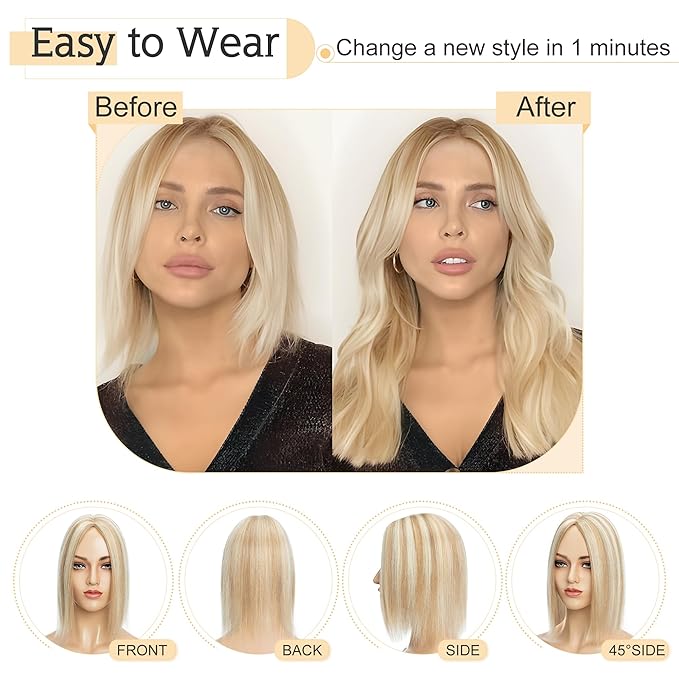 SEGO Human Hair Toppers for Women With Thinning Hair, 7 * 13CM Silk Base 100% Real Human Hair Clip in Top Wiglet Hairpieces -6 Inch No Bangs Golden Brown&Bleach Blonde