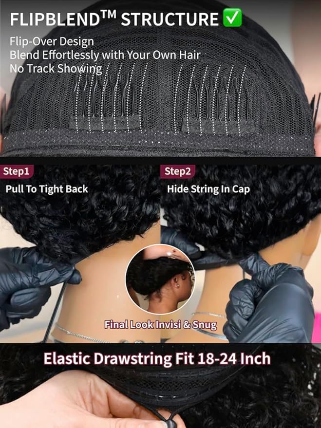 KLAIYI Water Wave 3 In 1 Flip Over 3/4 Half Wig Human Hair Curly Flip Over Seamless Blend Edges Glueless Wear and Go Drawstring Headband Clip In Wigs for Women Ready to Go Wig Beginner Friendly 24Inch