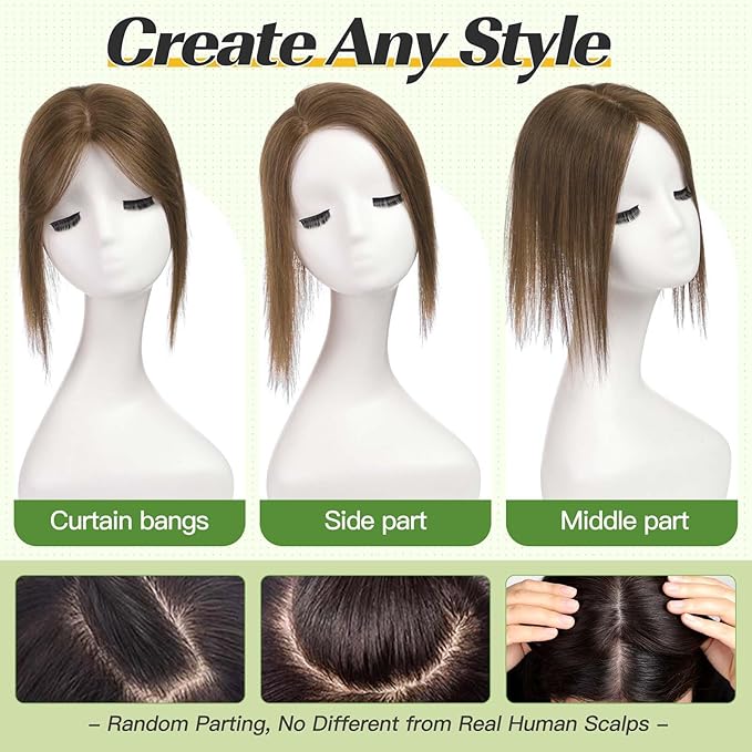 starluck Human Hair Toppers for Women with Thinning Hair, 10 Inch Real Hair Topper, 5.5x3.5 Inch Silk-like Skin Base Hairpiece, With Bangs (Brown)