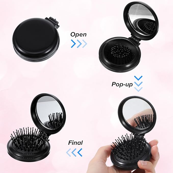 2PCS Folding Travel Mirror Hair Brushes, Round Folding Mirror Pocket Hairbrush, Foldable Hair-Brush with Makeup-Mirror for Women, Portable Mini Pop Up Hair-Brushes for Wet and Dry Hair (Black, Pink)