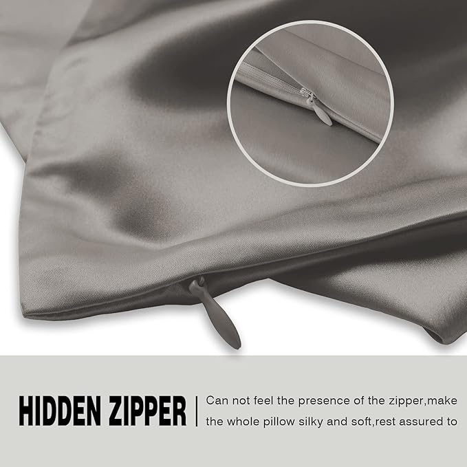 Natural Mulberry Silk Pillowcase with Hidden Zipper for Hair and Skin Standard Size 20"X 26" Soft Breathable Smooth Cooling Pillow Covers for Sleeping(Gray,1Pcs)