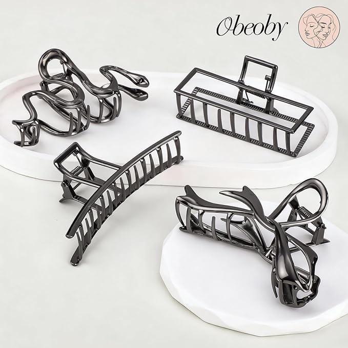 Obeoby 4 Pack Metal Hair Clips, Large Claw Clips for Women Thick Hair, Strong Fashion Hair Accessories Barrettes for Curly Long Hair (Black)