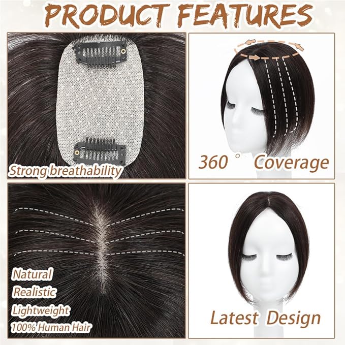 Amchoice Hair Toppers for Women Real Human Hair, Bangs Hair Clip 360° 3D Cover Bangs, Human Hair Toppers for Women Daily(Dark Brown, 3D Side Bangss (5 * 9))