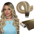 Full Shine Invisible Virgin Tape in Hair Extensions Color 2 Brown Fading to 18 Ash Blonde and 22 Double Sided Tape in Extensions 16Inch Seamless Injection Hair Extensions Tape ins 20Grams 10Pcs