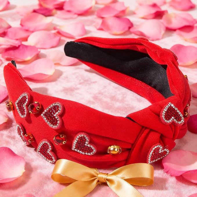 Valentine's Day Rhinestone Heart Headband, Red Fabric Hair Accessory with Crystal Beaded Hearts, Holiday Hair Fashion Accessories for Women Christmas New Year Gift