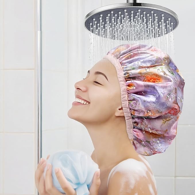 Upgraded Waterproof Terry Shower Caps, Reusable Shower Cap for Women with Long Hair, Soft Absorbent Hair-Protecting Towel Lining Bath Cap, Large Leak-Proof Hair Cap with Fashionable Print Outer-Pink