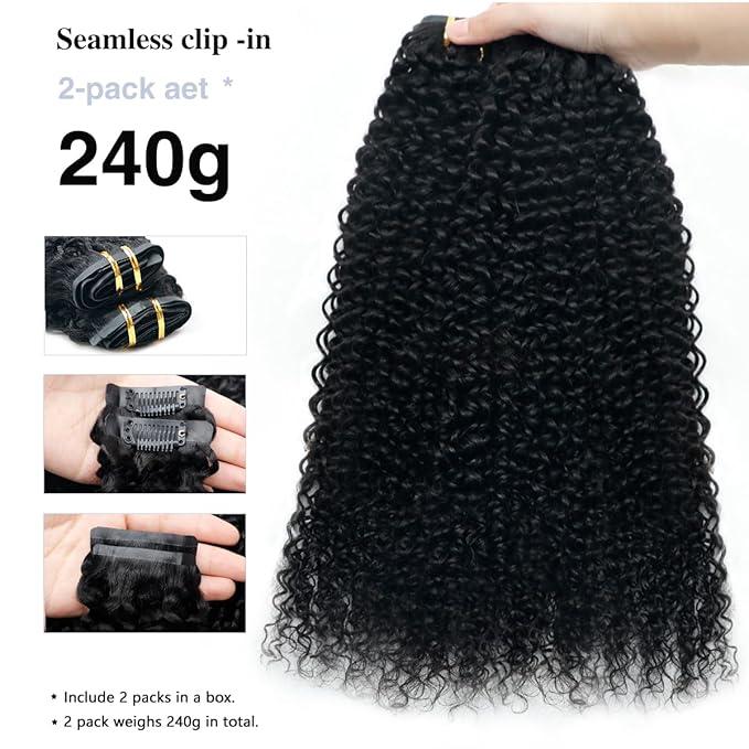 Curly Clip in Hair Extensions Real Human Hair 2 Pack 240g Seamless Clip in Hair Extensions for Women Full Max with 16Pcs PU Skin Weft 24inch Natural Black