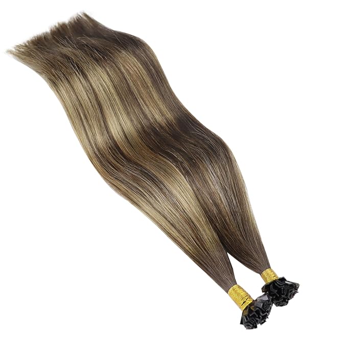 YoungSee Ombre K Tip Hair Extensions Real Human Hair Balayage Brown with Caramel Blonde Natural Hair Extensions Ktips Human Hair for Women 14In 1G/S 50G