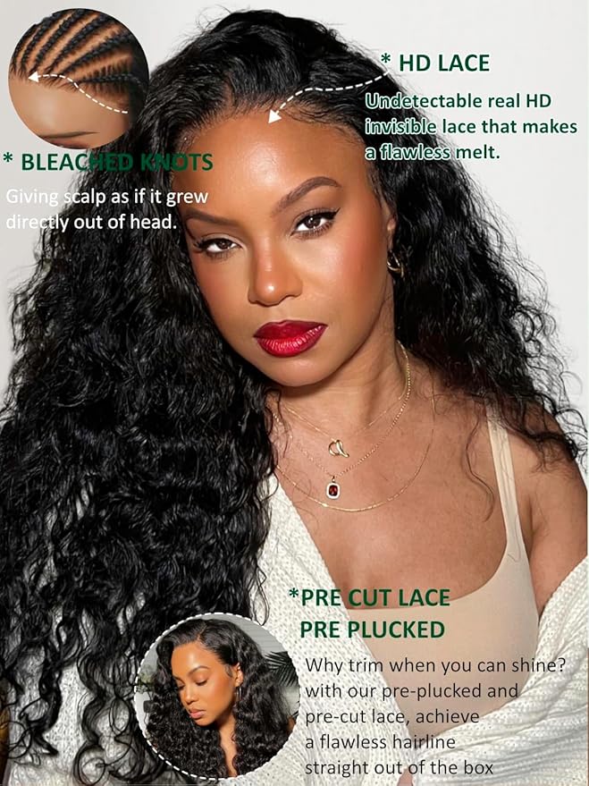 KLAIYI Water Wave Pre Everything Glueless 13x4 Lace Front Wigs Human Hair Precut Lace Pre Plucked Pre Bleached Bye Bye Knots Curly Wear and Go Beginners Wig with Drawstring 30S Ready to Wear 26Inch
