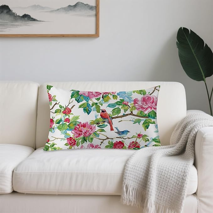 Pink Roses Flowers and Red Birds Satin Pillow Case Queen Size,Soft Pillowcases for Hair and Skin Similar to Silk,Pillowcases with Hidden Zipper Bedding Accessories,20X30 Inches,1 Pack