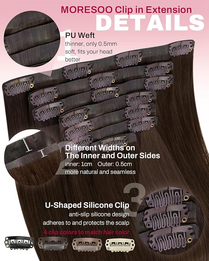Moresoo Seamless Clip in Hair Extensions Dark Brown Hair Extensions Clip ins Straight 14inch Clip on Extensions Human Hair for Thin Hair for Daily use 7pcs/120g