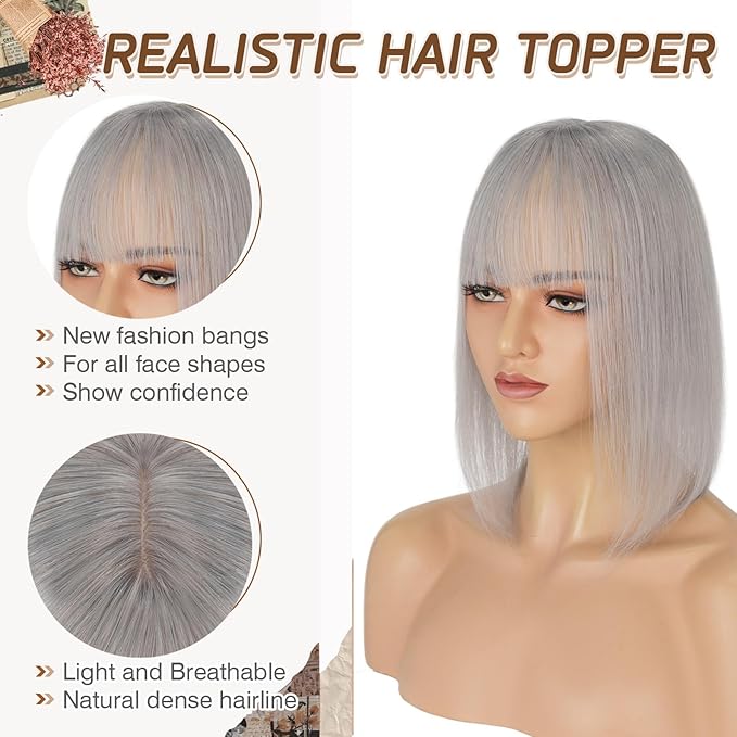 Rich Choices Real Human Hair Toppers for Women With Bang 100% Remy Human Hair Topper for Thinning Hair Clip in Silk Base Hair Topper 6 Inch G1 Grey Silver