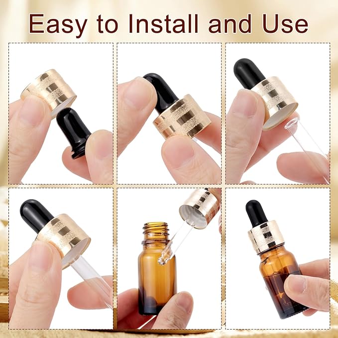 30 Pack 10ml Amber Glass Dropper Bottles with Droppers, Funnels & Labels for Essential Oils, 1/3oz Eye Dropper Bottles with Golden Caps, Brown Empty Glass Tincture Vials for Travel