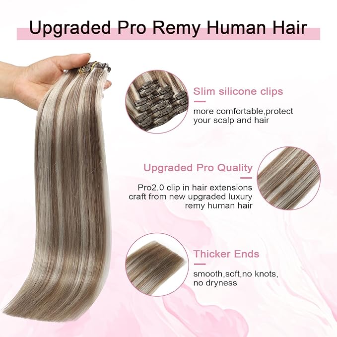 Pro2.0 Clip in Hair Extensions Real Human Hair 120g Thick 7pcs Color #8p60 Brown Highlights Platinum Blonde Remy Real Human Hair Extensions Clip ins 14inch Double Weft（#8p60-14inch）