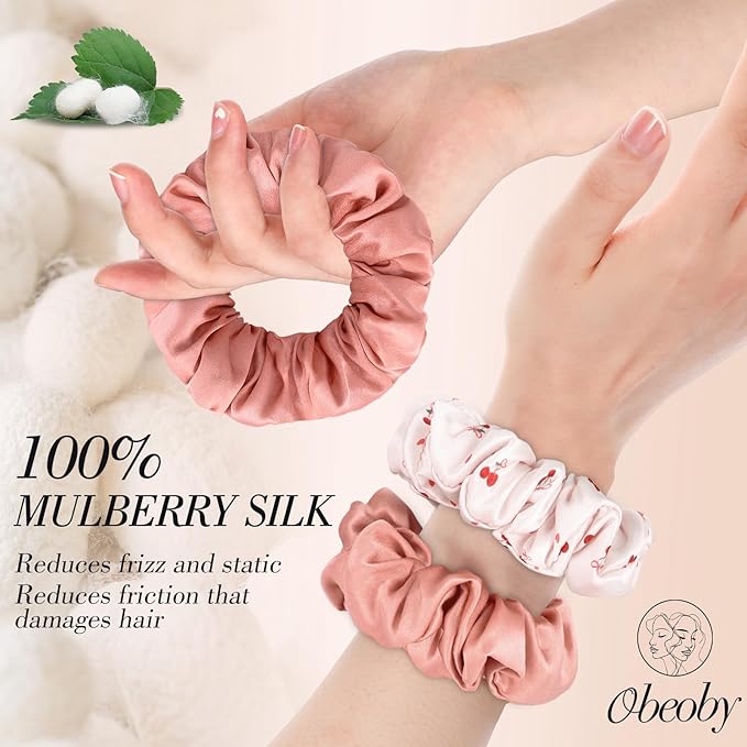 4Pcs Mulberry Silk Hair Scrunchies, Cherry Pink Silk Hair Ties for Hair Sleep Frizz Breakage Valentine's Galentines Day Gifts