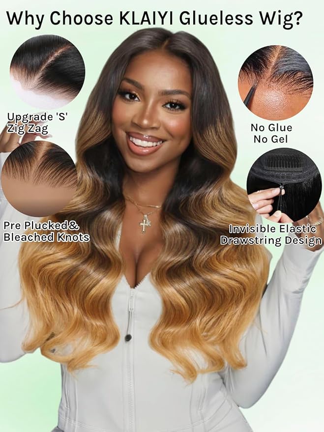 KLAIYI Ombre Highlight Blonde Loose Wave Pre Everything Glueless 13x4 Lace Front Wigs Human Hair Drawstring Balayage Brown Pre Cut Pre Plucked Bleached Ready to Wear and Go Wig with Dark Roots 24Inch