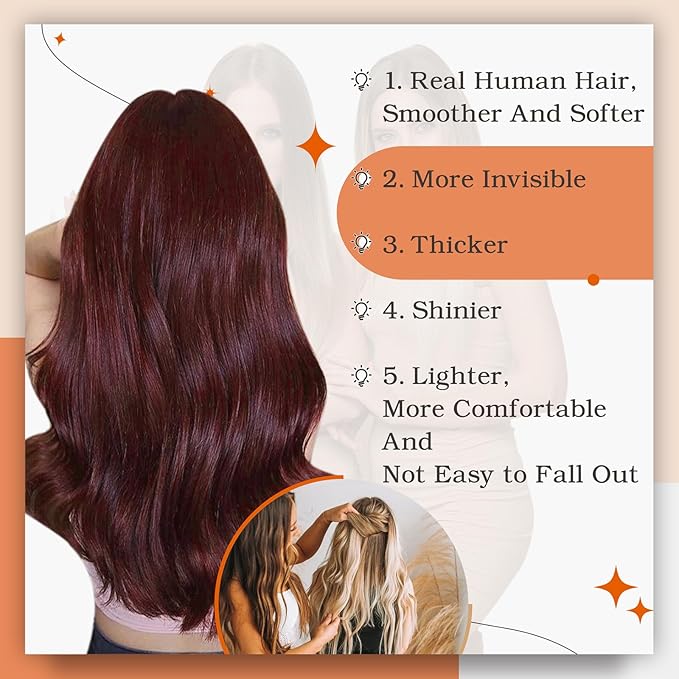Full Shine Human Hair Extensions Tape in Color 99J Wine Red Seamless Tape in Hair Extensions Double Sided 18Inch Natural Straight Remy Skin Weft 100Gram 40Pcs Add Length for Party