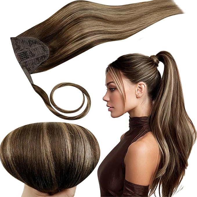 RUNATURE Ponytail Extension Human Hair, Balayage Human Hair Ponytail, Real Hair Ponytail Extension with Magic Paste, Easy to Install, 14 Inch 70g #4/27/4 Medium Brown to Honey Blonde Highlights