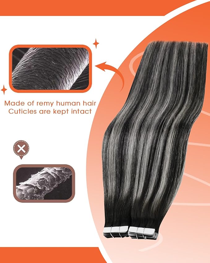 Sunny Hair Tape in Hair Extensions Real Human Hair Invisible Remy Hair Extensions Tape ins for Women Ombre Natural Black Root to Sliver Grey 16 inch 25G